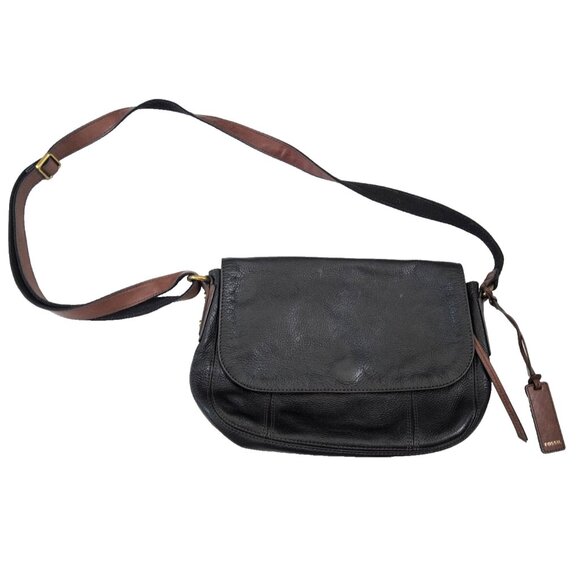 Fossil Black Pebbled Black Leather Crossbody Bag Crossbody Purse with Brown Trim - Picture 1 of 7